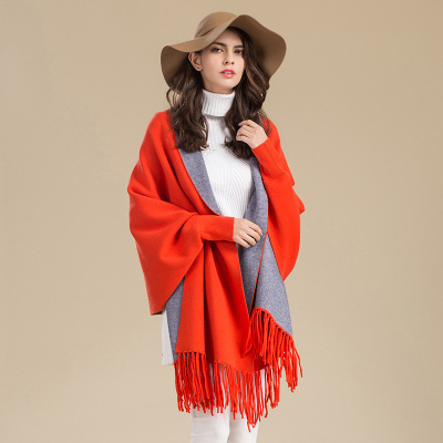 Autumn Winter New Women Double-Sided Shawl Scarf Two-Use Fringe Thickened Long Sleeve Cashmere Blend Cape Coat