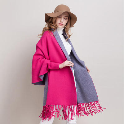Autumn Winter New Women Double-Sided Shawl Scarf Two-Use Fringe Thickened Long Sleeve Cashmere Blend Cape Coat
