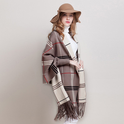 Autumn Winter New Women Double-Sided Shawl Scarf Two-Use Fringe Thickened Long Sleeve Cashmere Blend Cape Coat