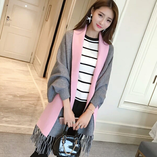 Autumn Winter New Women Double-Sided Shawl Scarf Two-Use Fringe Thickened Long Sleeve Cashmere Blend Cape Coat