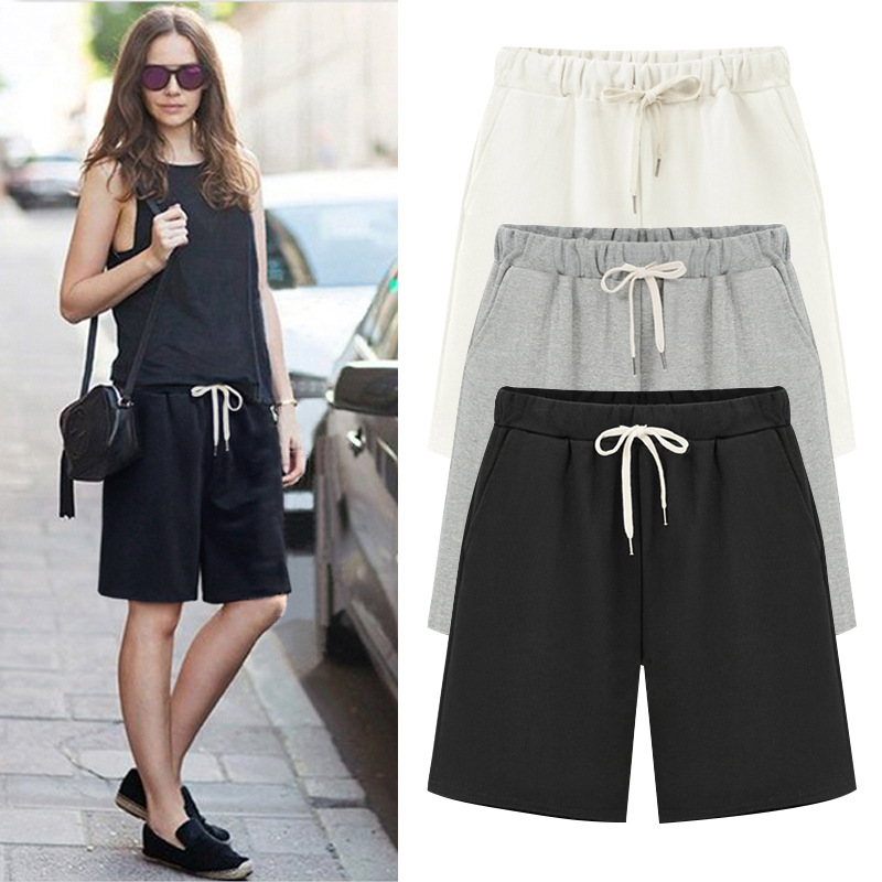 Solid color women summer high waist 300 jin five-tenths pants plus size drawstring sports casual pants fat mm straight leg pants sweatshirt