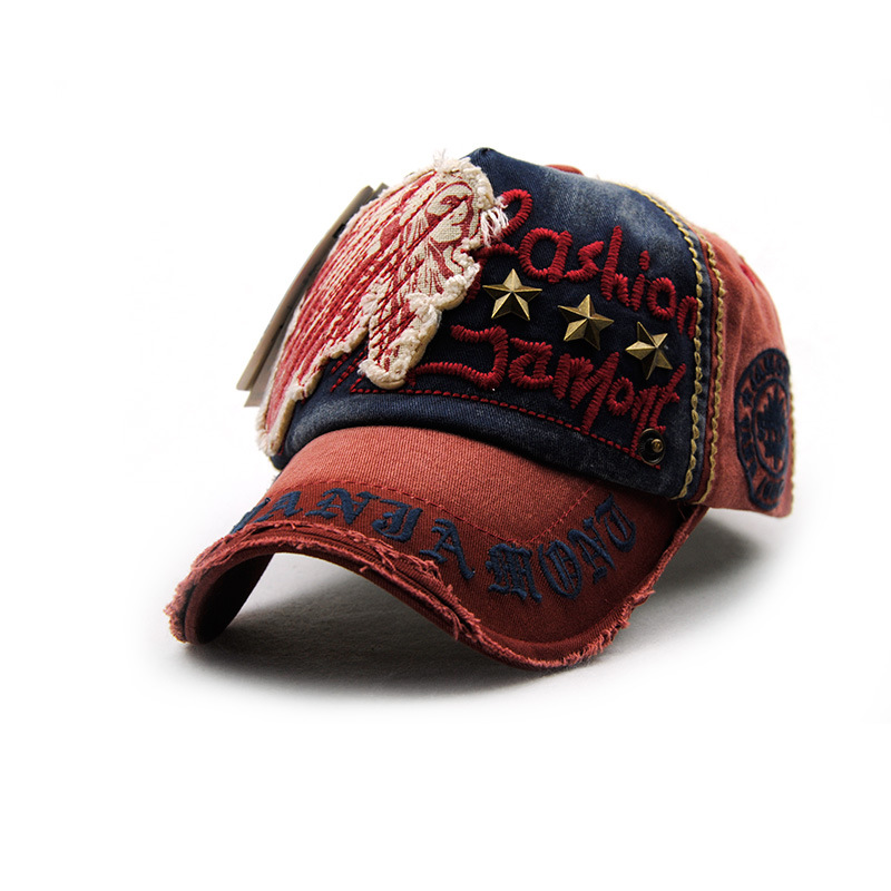 Hat with letter patch and rivet casual baseball cap, worn-out outdoor cap for men and women, cotton