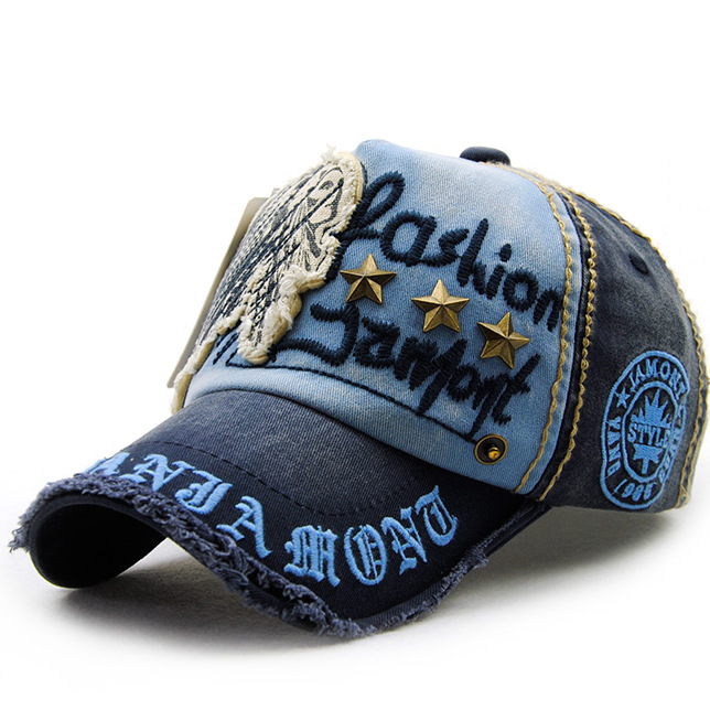 Hat with letter patch and rivet casual baseball cap, worn-out outdoor cap for men and women, cotton
