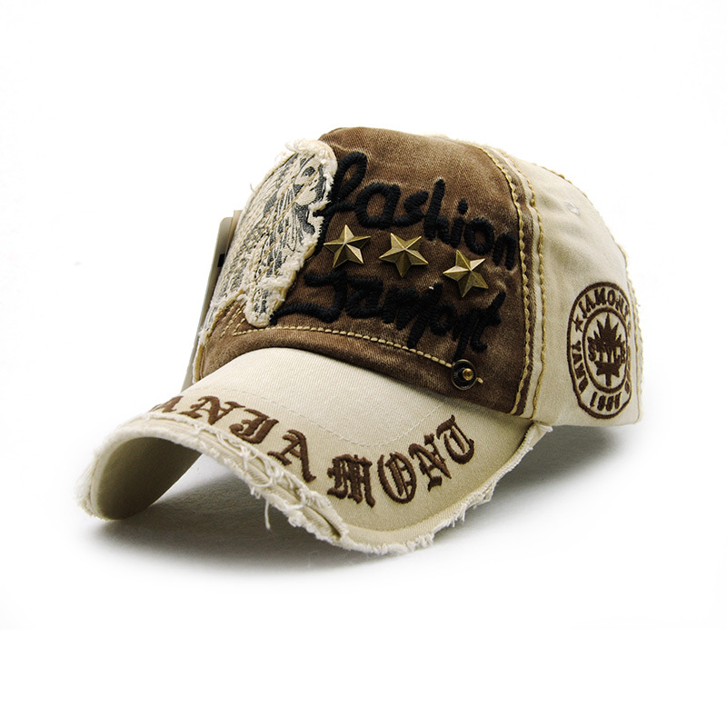 Hat with letter patch and rivet casual baseball cap, worn-out outdoor cap for men and women, cotton