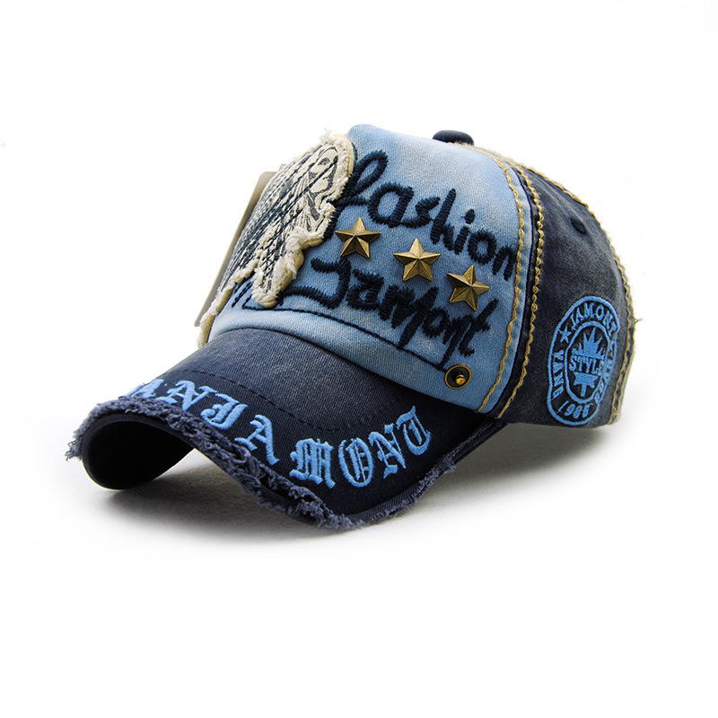 Hat with letter patch and rivet casual baseball cap, worn-out outdoor cap for men and women, cotton