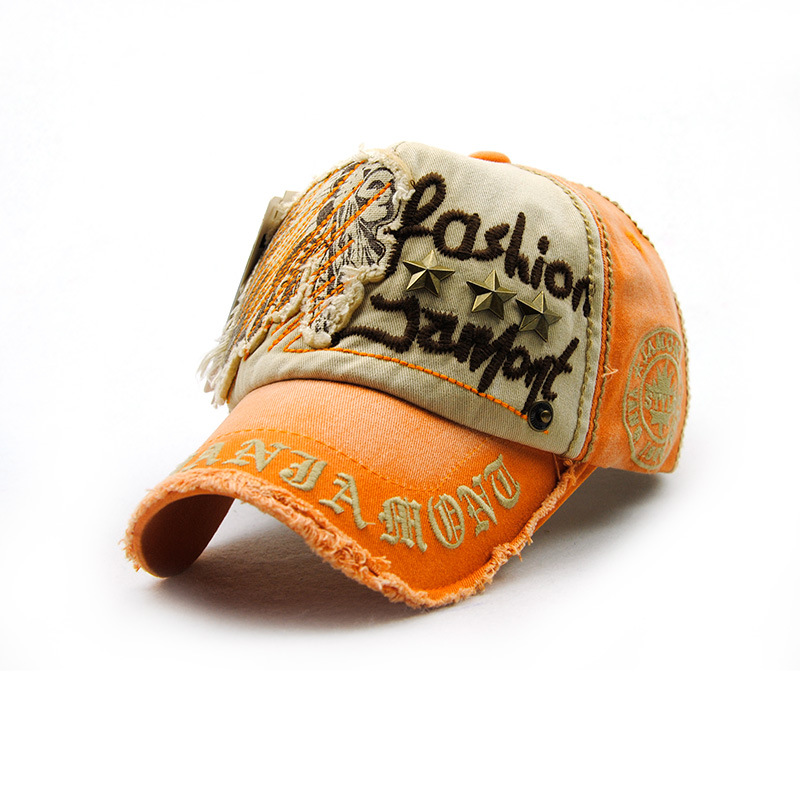 Hat with letter patch and rivet casual baseball cap, worn-out outdoor cap for men and women, cotton