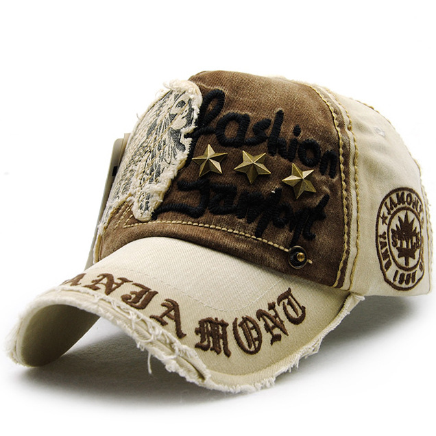 Hat with letter patch and rivet casual baseball cap, worn-out outdoor cap for men and women, cotton