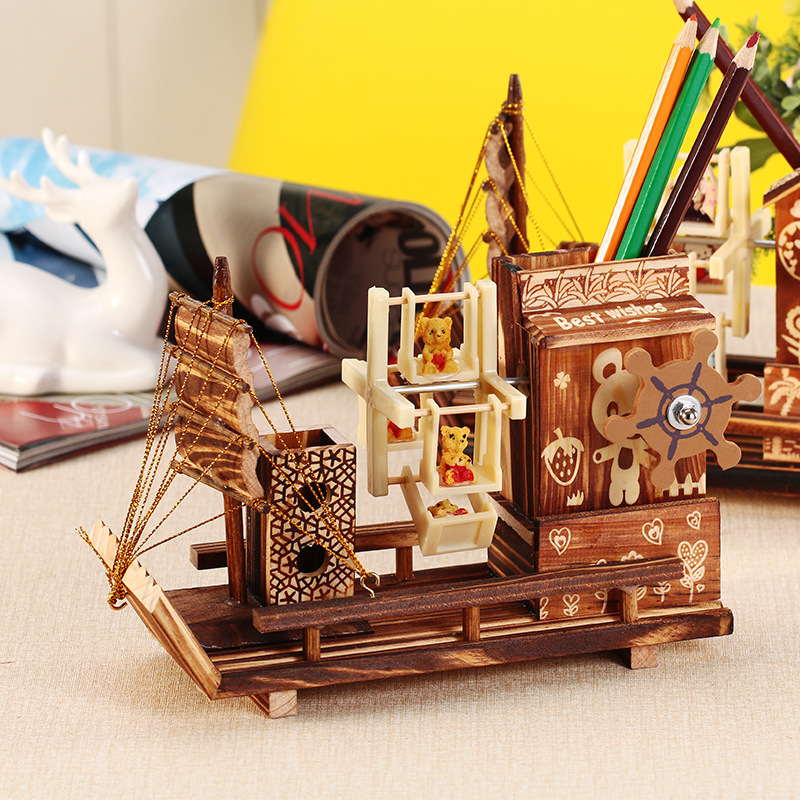 M1512 Wooden House Windmill Sailboat Rotating Music Box 60-273 Wooden Pen Holder Student Birthday Gift