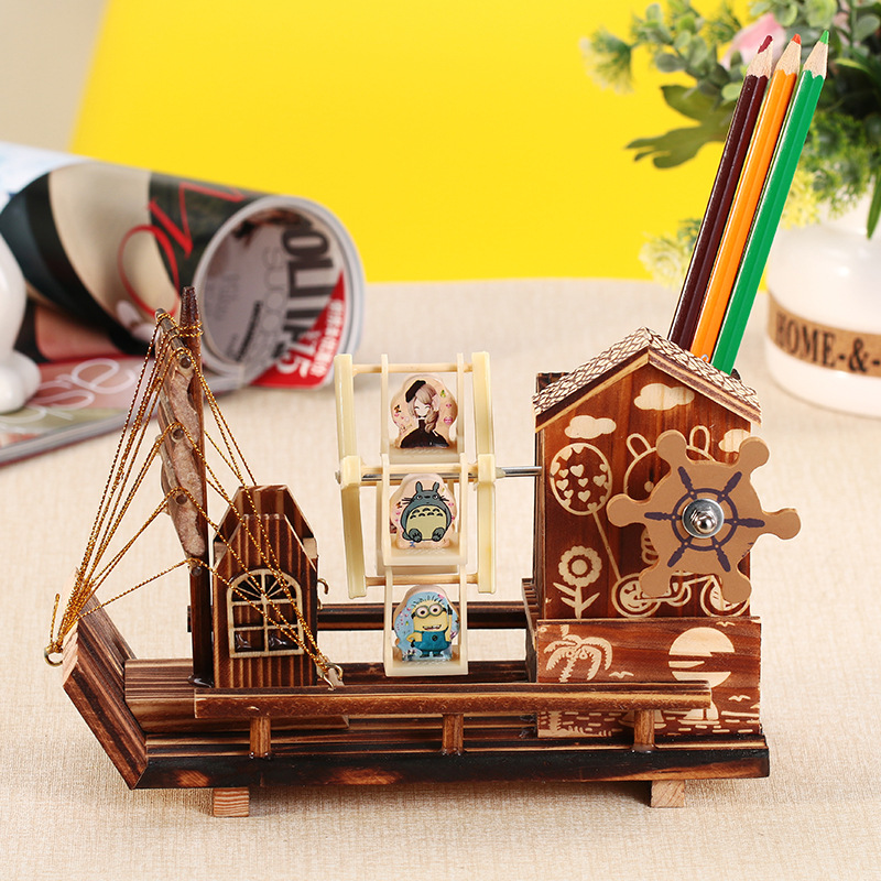 M1512 Wooden House Windmill Sailboat Rotating Music Box 60-273 Wooden Pen Holder Student Birthday Gift