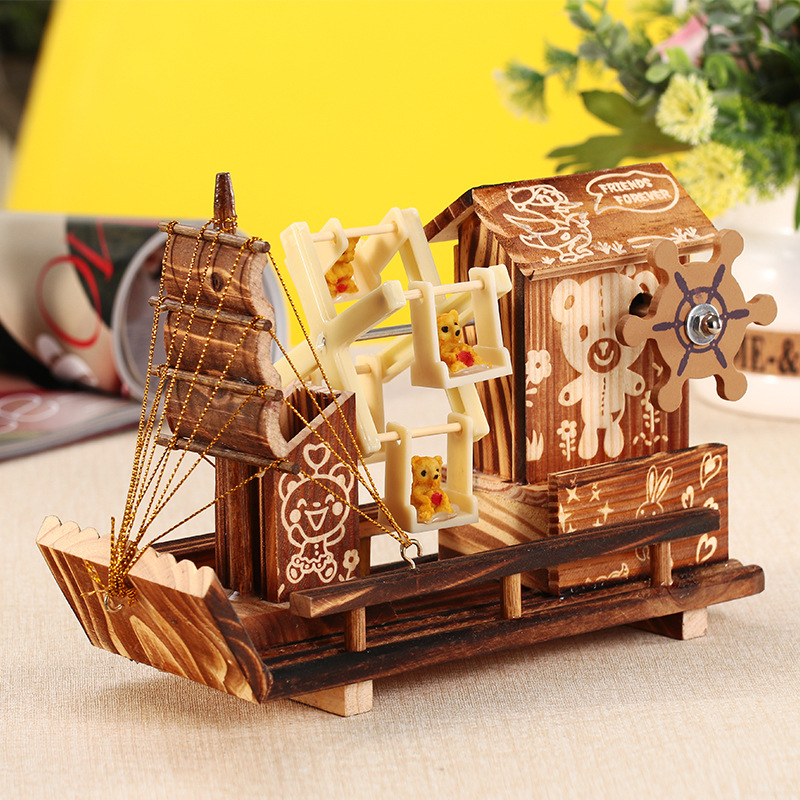 M1512 Wooden House Windmill Sailboat Rotating Music Box 60-273 Wooden Pen Holder Student Birthday Gift