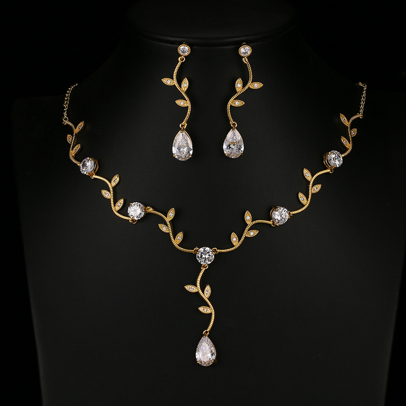 Gold-plated branch zirconia set, simple zirconia jewelry set