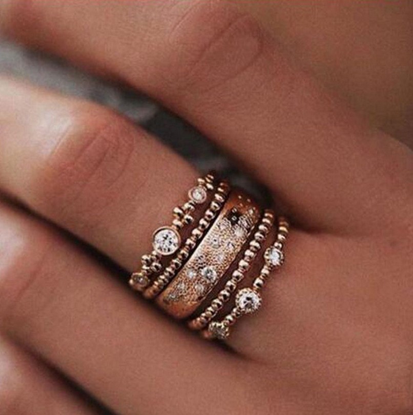 2017 new jewelry rose gold stackable diamond five-piece ring set for women