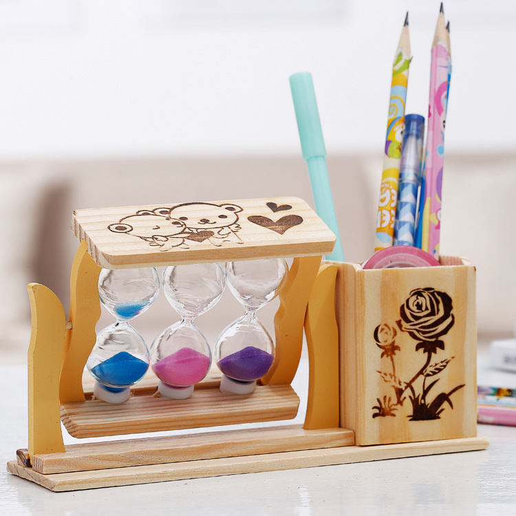 Three Flowing Sand Pen Holders Hourglass Wooden Pen Holder Combination Ornament Student Stationery Gift Stationery Store