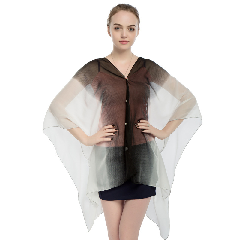 New Chiffon Pearl Button Women Pullover Cape Print Color Stripe Summer Sun Protection Shawl
