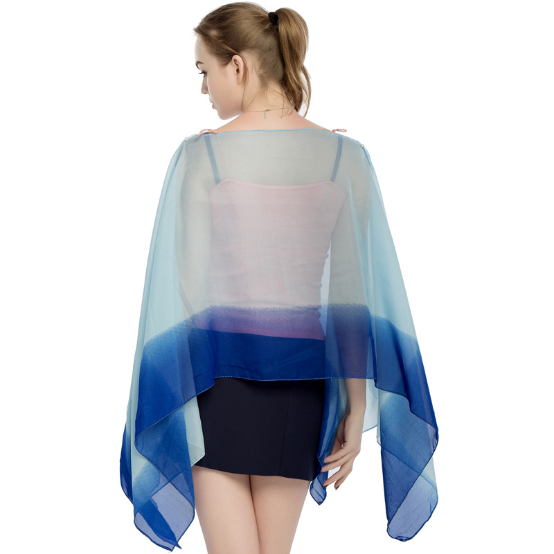 New Chiffon Pearl Button Women Pullover Cape Print Color Stripe Summer Sun Protection Shawl