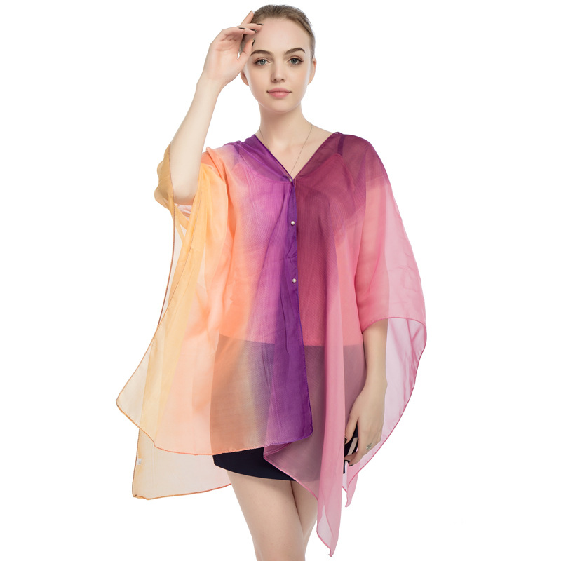 New Chiffon Pearl Button Women Pullover Cape Print Color Stripe Summer Sun Protection Shawl