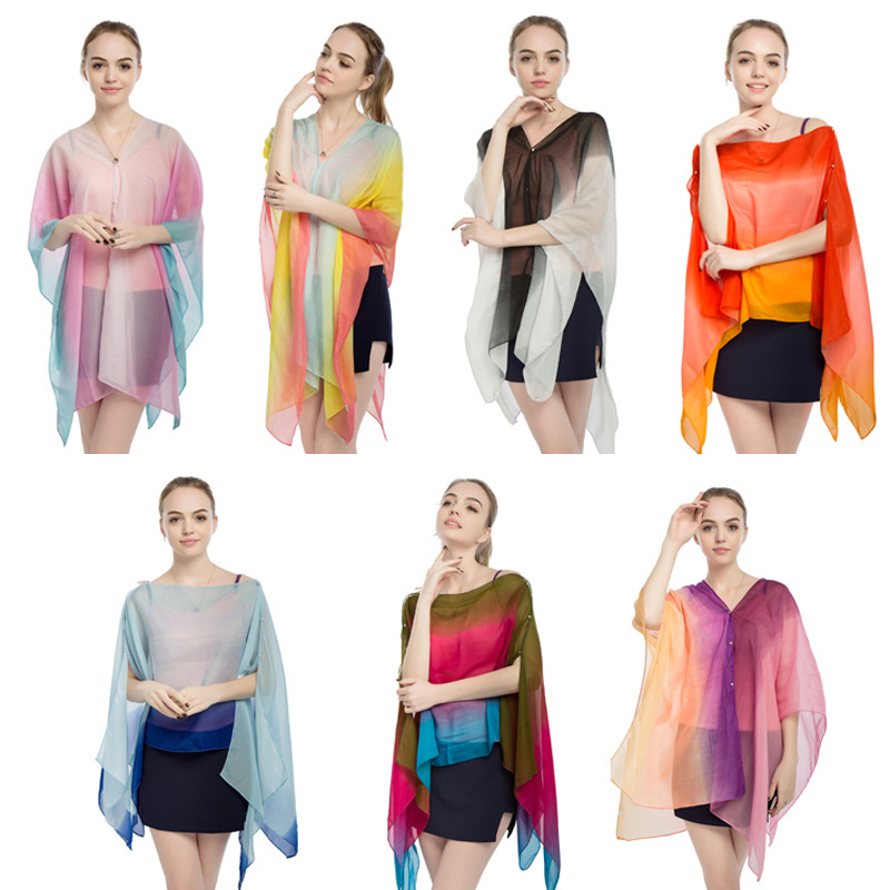 New Chiffon Pearl Button Women Pullover Cape Print Color Stripe Summer Sun Protection Shawl