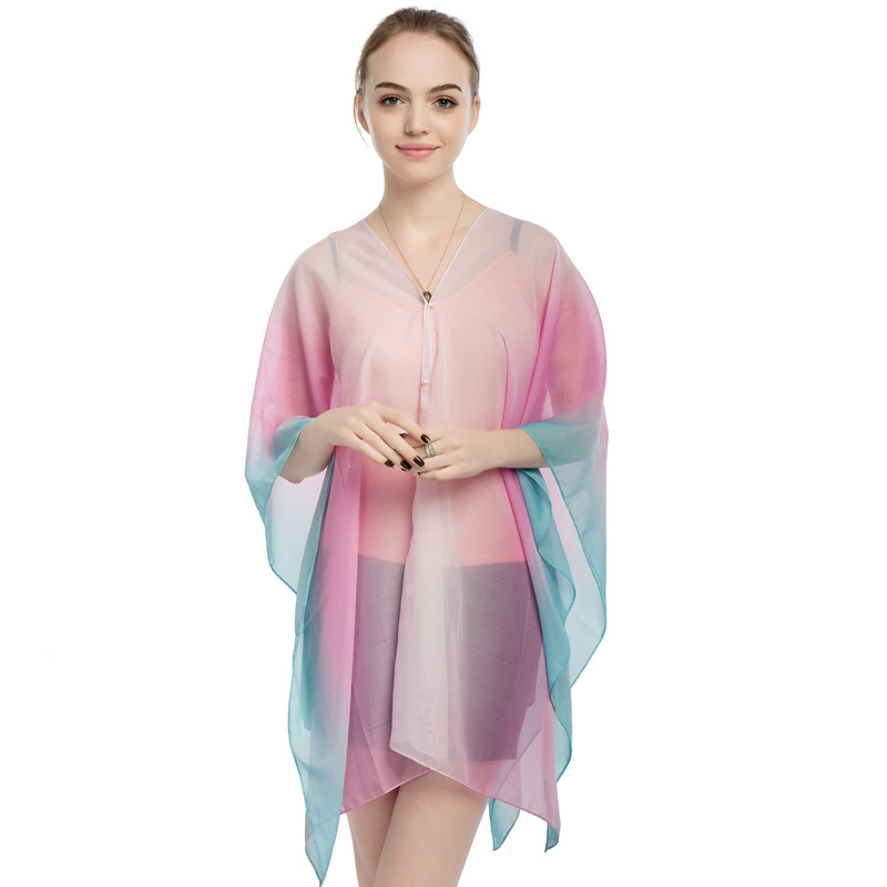 New Chiffon Pearl Button Women Pullover Cape Print Color Stripe Summer Sun Protection Shawl