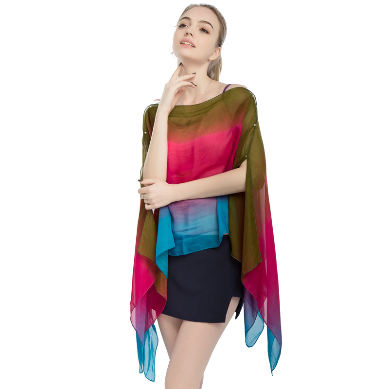 New Chiffon Pearl Button Women Pullover Cape Print Color Stripe Summer Sun Protection Shawl