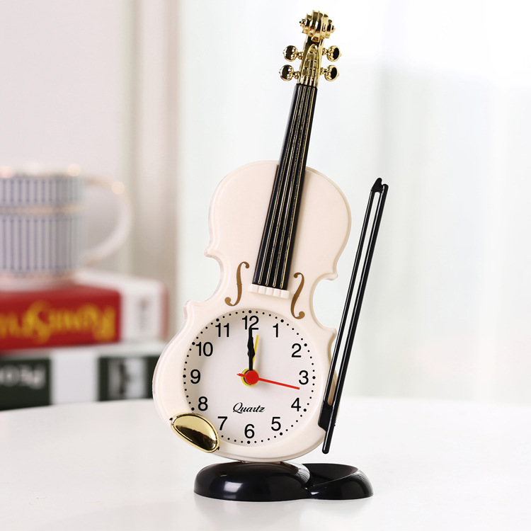 Simulated Violin Alarm Clock Musical Instrument Shape Desktop Clock Living Room Ornament Desk Clock