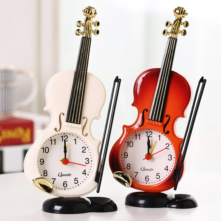 Simulated Violin Alarm Clock Musical Instrument Shape Desktop Clock Living Room Ornament Desk Clock