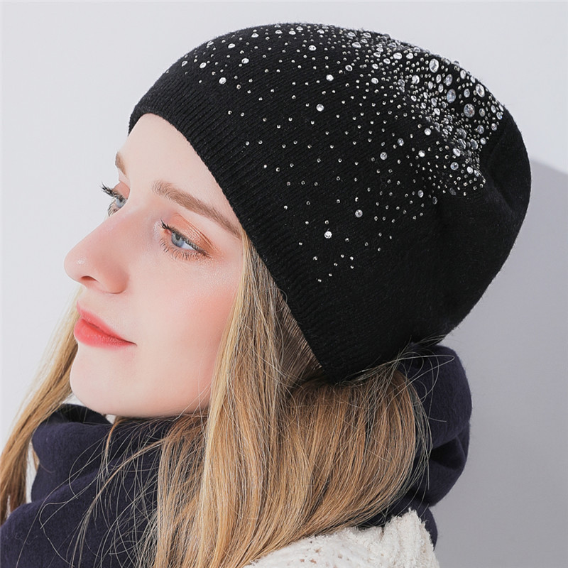 New autumn and winter rhinestone starry sky women's pullover hat cashmere rabbit hair blend knitted hat warm winter hat hot