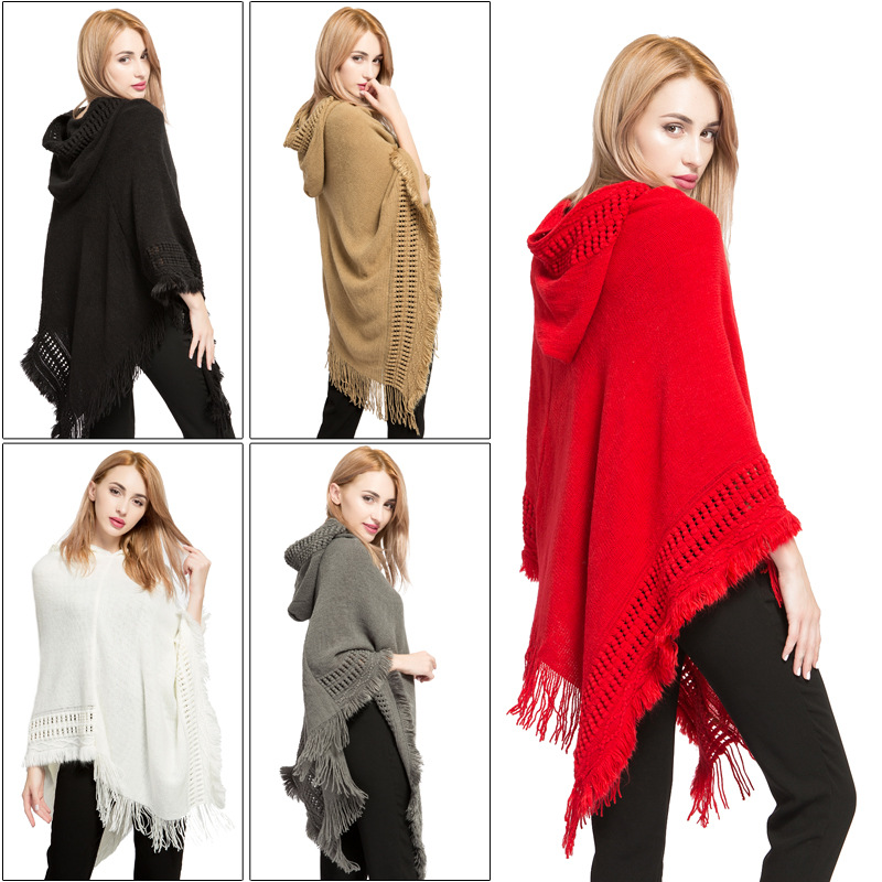 Autumn Winter Hooded Women Fringe Plus Size Knit Top New Imitation Cashmere Cape Shawl