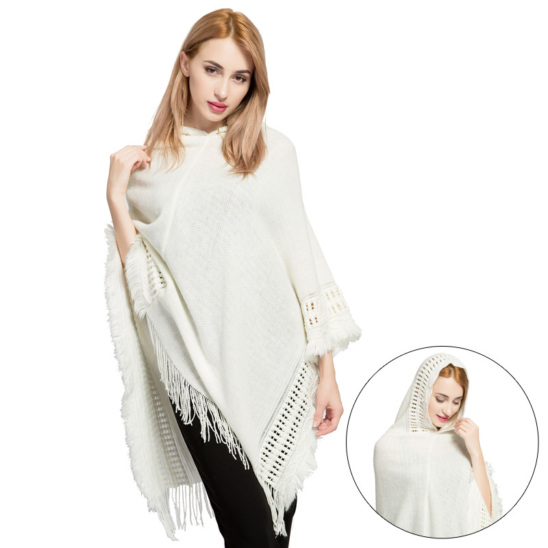 Autumn Winter Hooded Women Fringe Plus Size Knit Top New Imitation Cashmere Cape Shawl