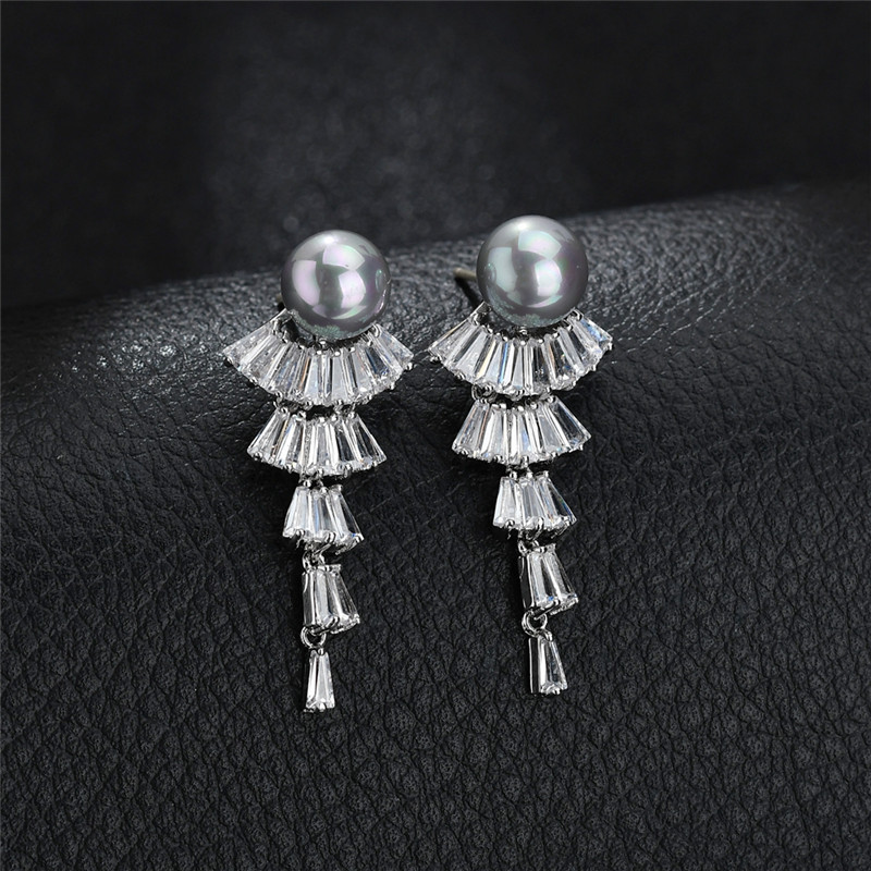 Grey Pearl Long Dangling Earrings with Zircon Inlay, Old Money Style for Women, S925 Silver Needle Earrings