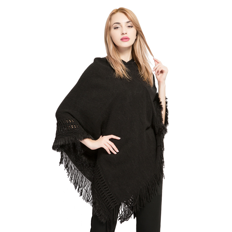 Autumn Winter Hooded Women Fringe Plus Size Knit Top New Imitation Cashmere Cape Shawl