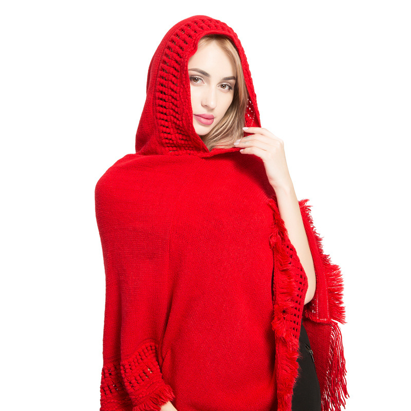 Autumn Winter Hooded Women Fringe Plus Size Knit Top New Imitation Cashmere Cape Shawl