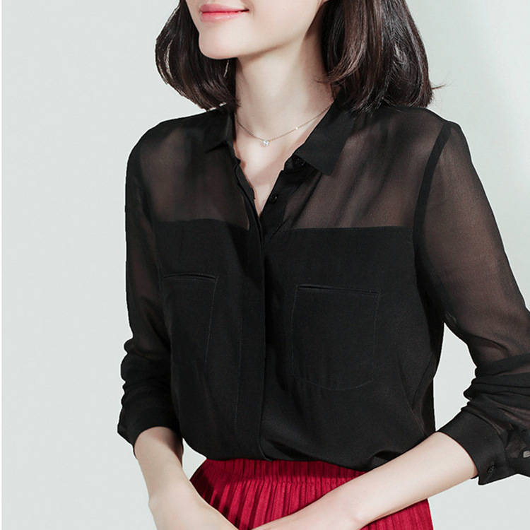 2026 Early Autumn S105 Collarbone Revealing Shirt Black Silk Shirt Women Long Sleeve