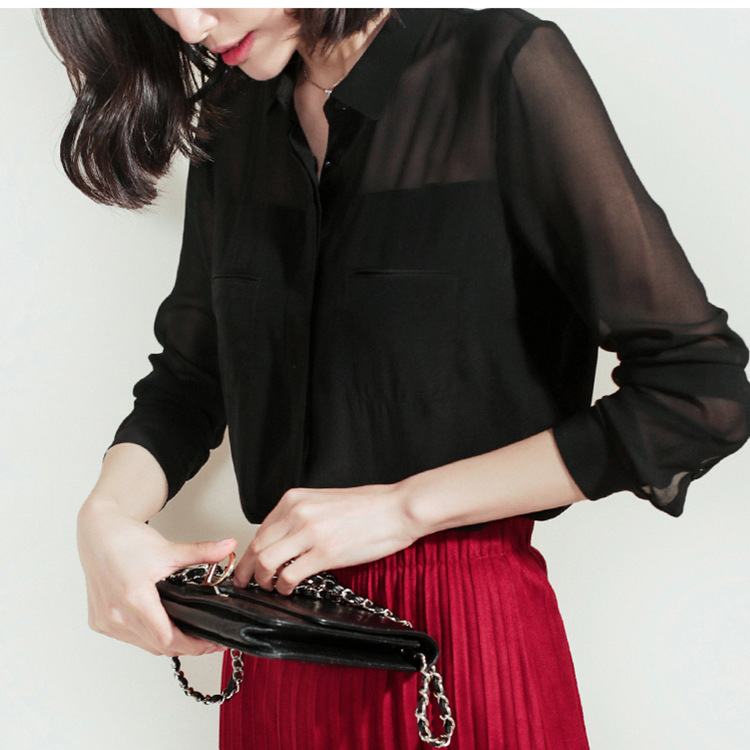 2026 Early Autumn S105 Collarbone Revealing Shirt Black Silk Shirt Women Long Sleeve