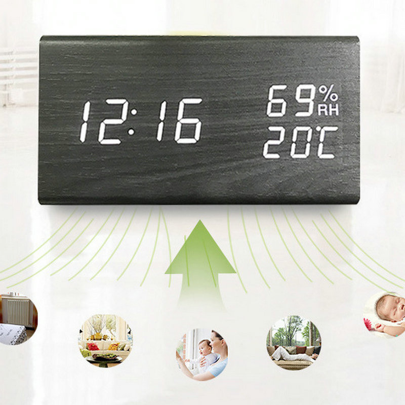 PVC Wooden Digital Alarm Clock Perpetual Calendar Temperature and Humidity Clock LED Triangular Electronic Clock Voice Control LED Wooden Clock