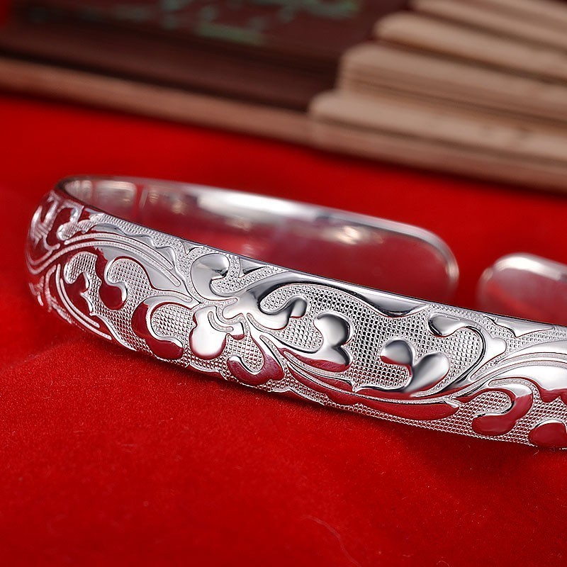 Flourishing pattern silver-plated bracelet lotus Miao silver open wide bracelet women's ethnic style jewelry stall