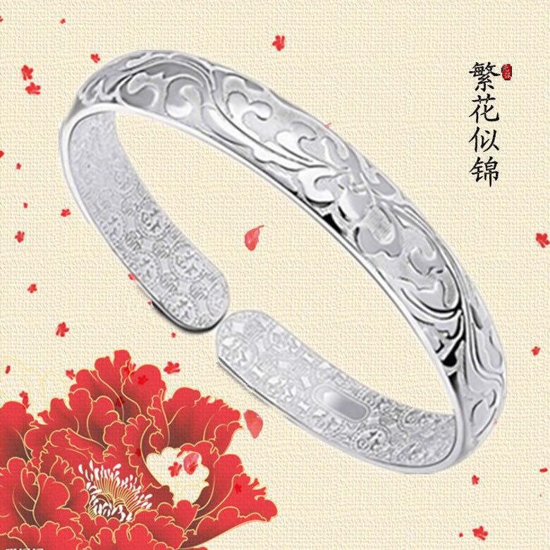 Flourishing pattern silver-plated bracelet lotus Miao silver open wide bracelet women's ethnic style jewelry stall