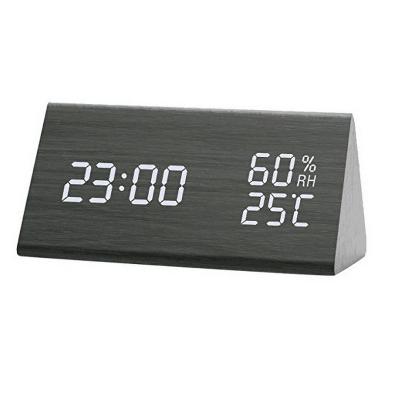 PVC Wooden Digital Alarm Clock Perpetual Calendar Temperature and Humidity Clock LED Triangular Electronic Clock Voice Control LED Wooden Clock
