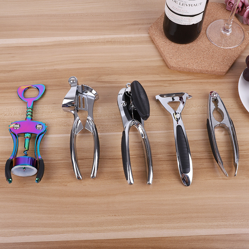 Marketing European Kitchen Tool 5-Piece Set Red Wine Opener Walnut Cracker Peeler Set Stainless Steel