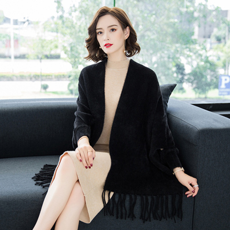 Autumn and winter cape shawl with sleeves for women, solid color faux mink sweater, mid-long cardigan, outerwear for cheongsam, thick cape