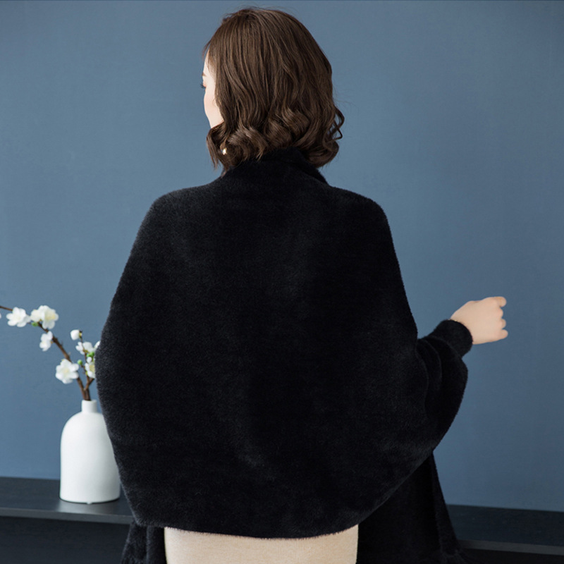 Autumn and winter cape shawl with sleeves for women, solid color faux mink sweater, mid-long cardigan, outerwear for cheongsam, thick cape