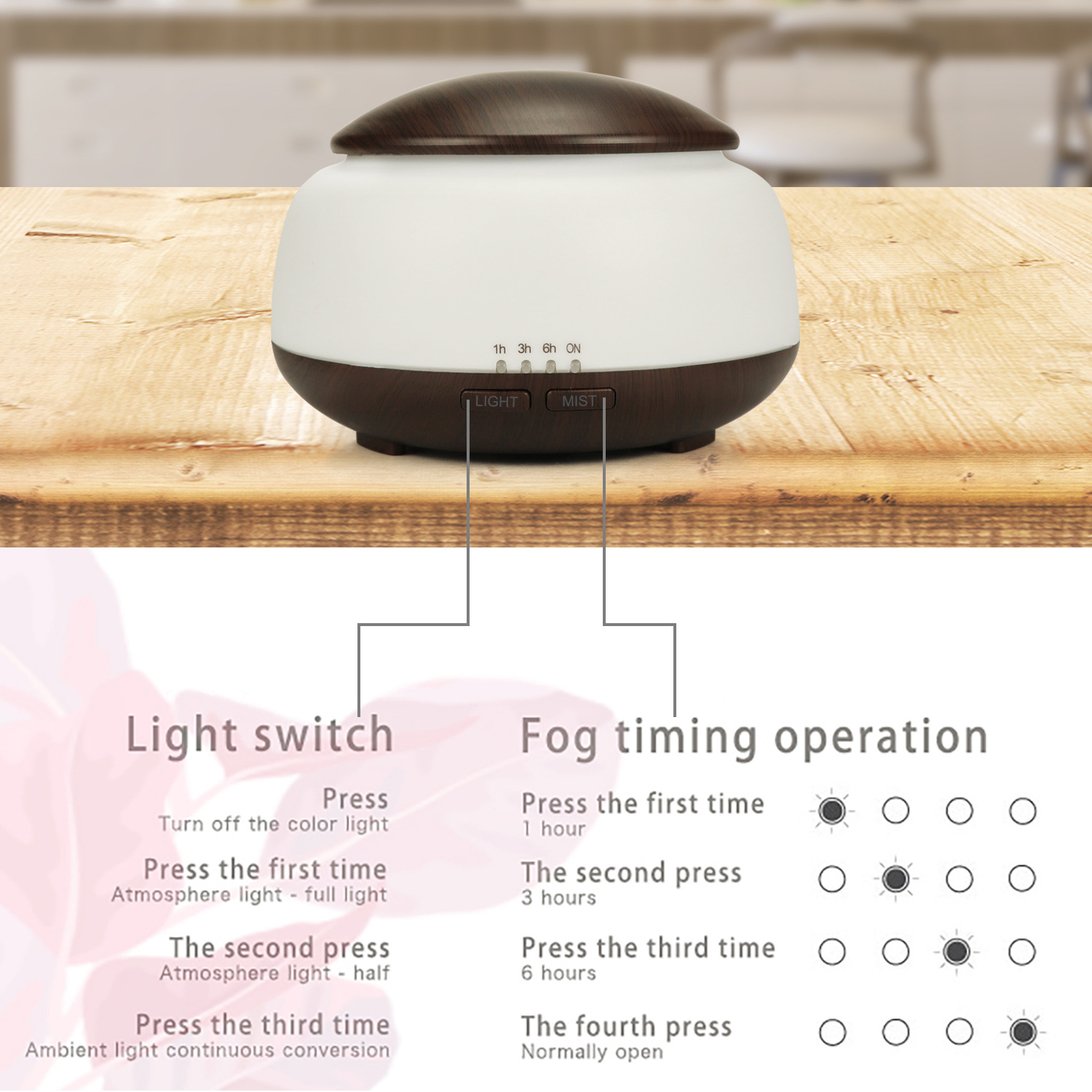 Simple Wood Grain Air Humidifier Night Light Mushroom 300ml Aromatherapy Diffuser Ultrasonic Atomizer Home Gift