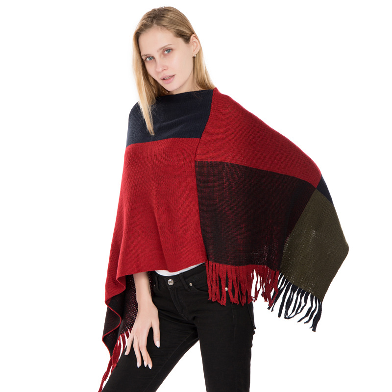 Large Plaid Color Block Knit Warm Shawl Autumn Winter New Imitation Cashmere Fringe Pullover Cape