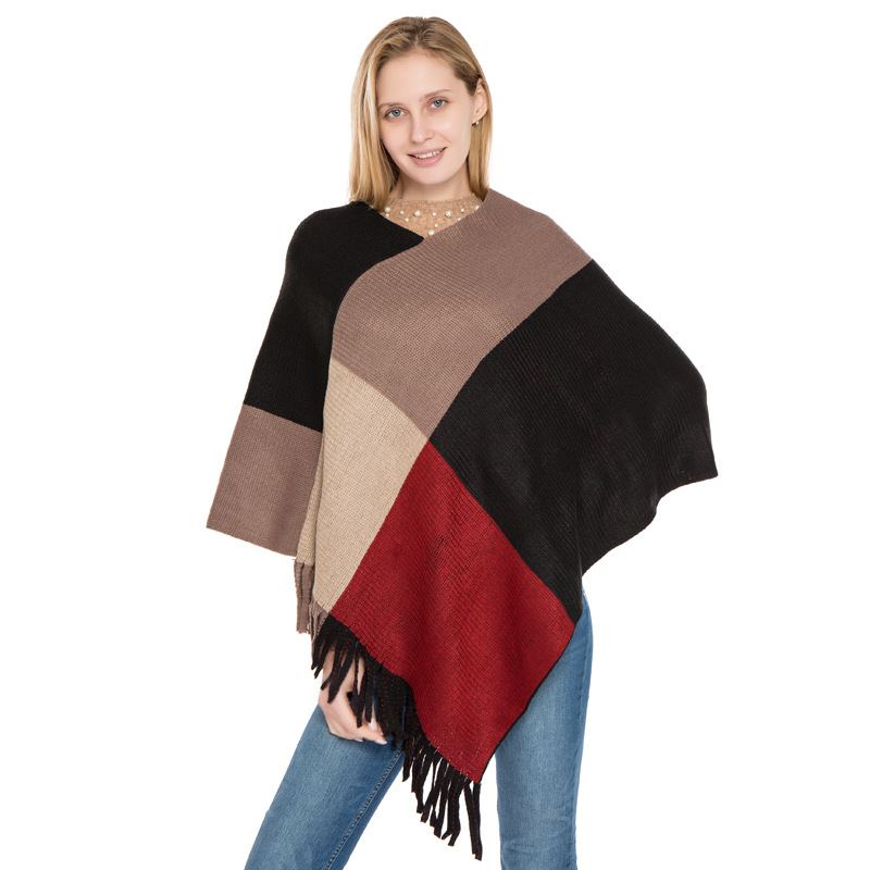 Large Plaid Color Block Knit Warm Shawl Autumn Winter New Imitation Cashmere Fringe Pullover Cape