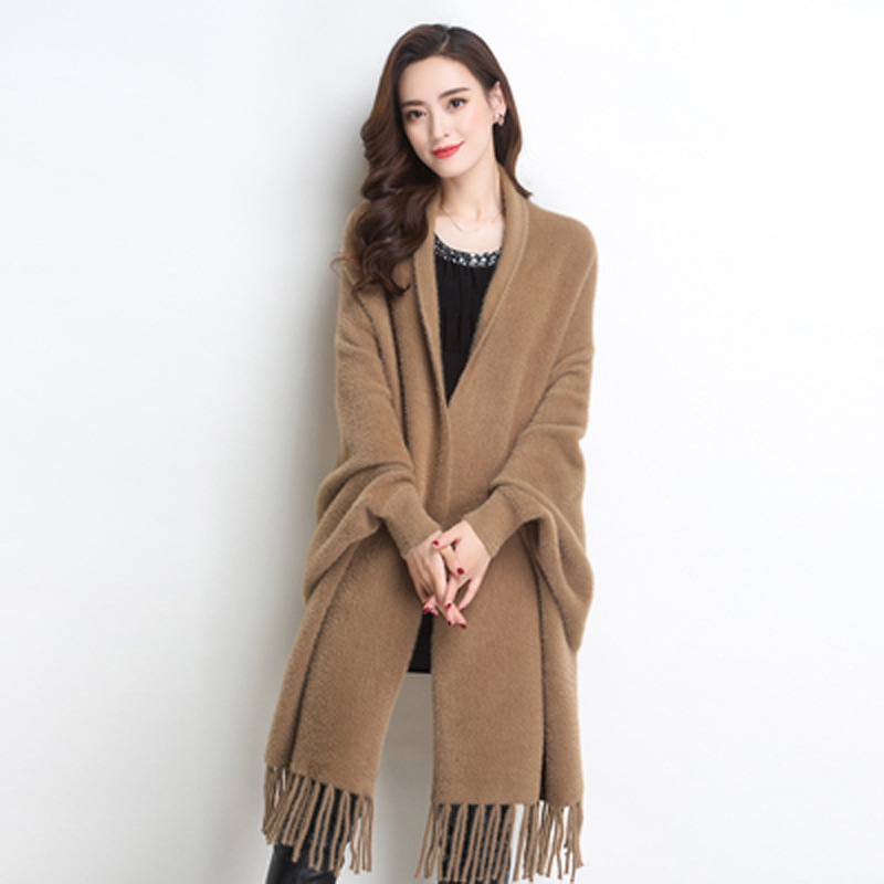 Autumn and winter cape shawl with sleeves for women, solid color faux mink sweater, mid-long cardigan, outerwear for cheongsam, thick cape