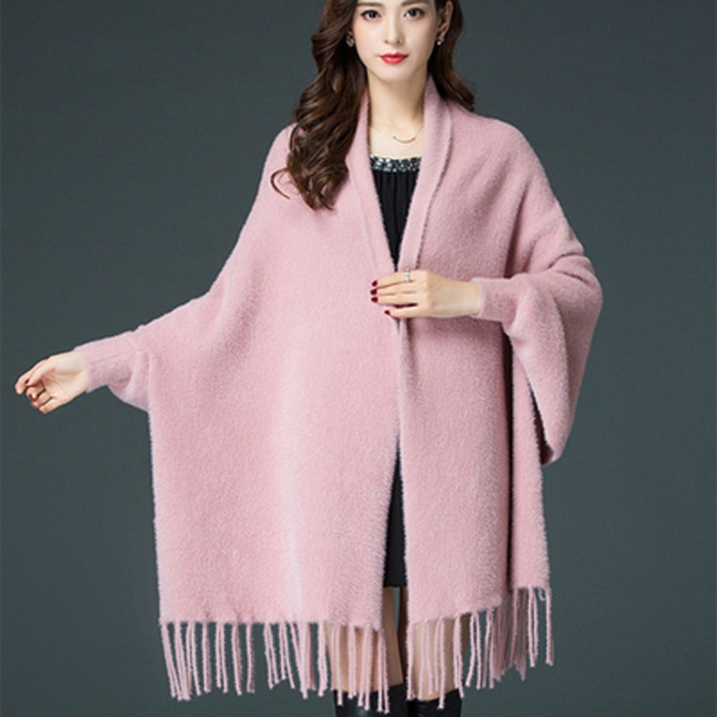 Autumn and winter cape shawl with sleeves for women, solid color faux mink sweater, mid-long cardigan, outerwear for cheongsam, thick cape