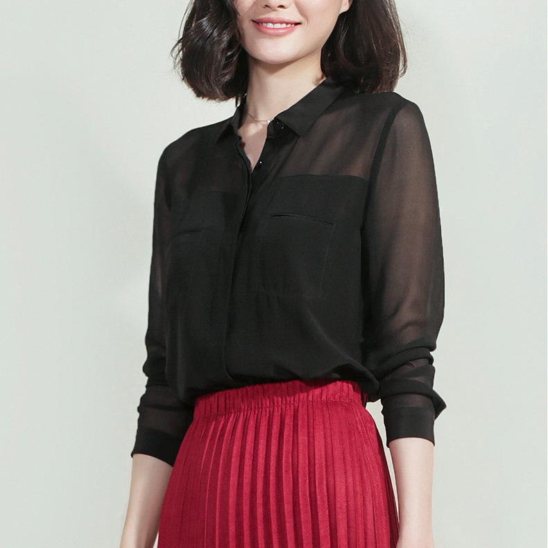 2026 Early Autumn S105 Collarbone Revealing Shirt Black Silk Shirt Women Long Sleeve
