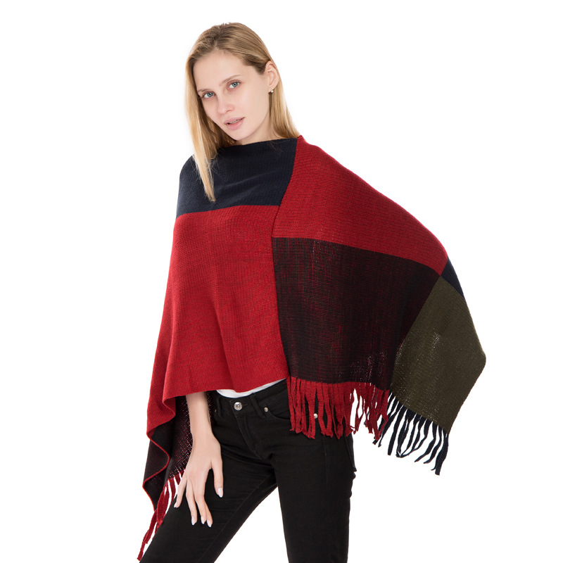 Large Plaid Color Block Knit Warm Shawl Autumn Winter New Imitation Cashmere Fringe Pullover Cape
