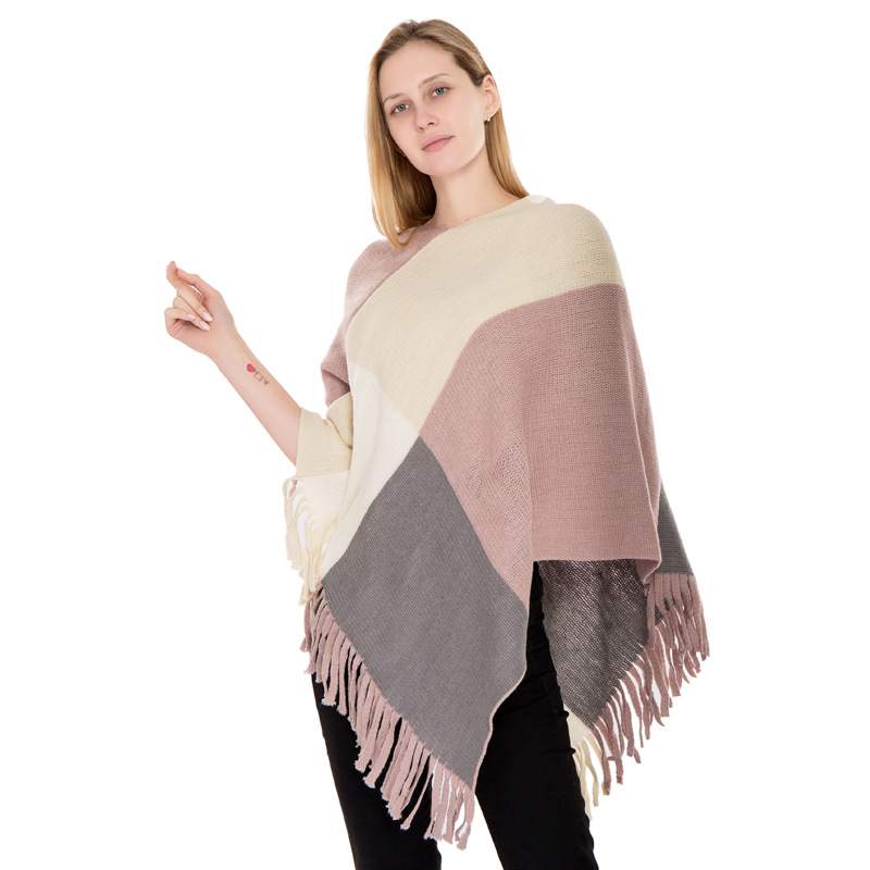 Large Plaid Color Block Knit Warm Shawl Autumn Winter New Imitation Cashmere Fringe Pullover Cape