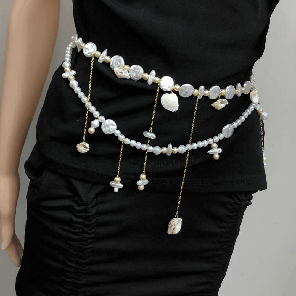 Beach Sand Pearl Shell Conch Tassel Double Layer Waist Chain Casual Vacation Style Small Waist Belt Decoration Women