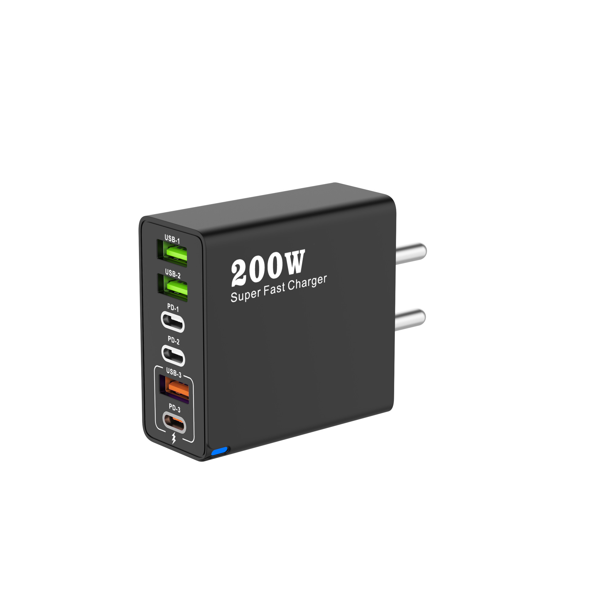 New 200W Multi-Port Charger 3USB+3PD 6-in-1 for Mobile Phones, Australian/Indian/UK Standard Fast Charging Head 5V